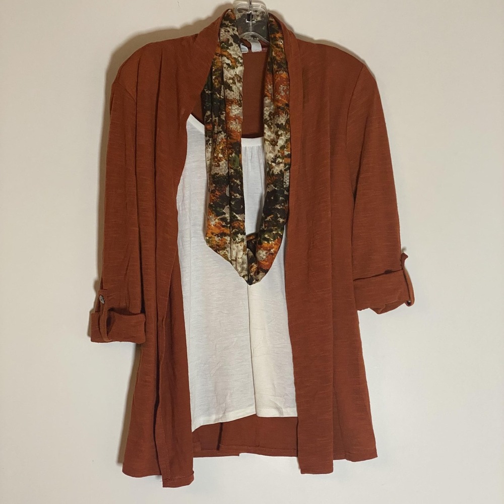 Kim Rogers Top Womens Medium Rust Scarf Inset Top Open Front 3/4 Sleeve
